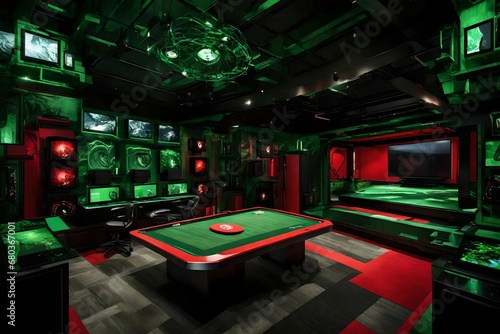 An otherworldly gaming paradise with a mix of green, red, and black. The HD camera showcases the room's unique elements, immersing viewers in the digital realm.