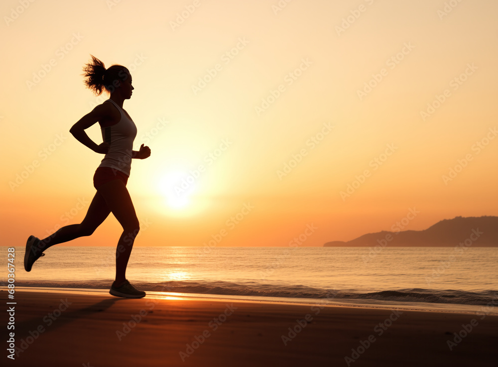 Silhouette of a woman running on the beach during sunrise