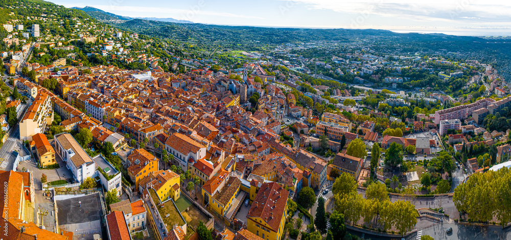 Obraz premium Aerial view of Grasse, a town on the French Riviera, known for its long-established perfume industry