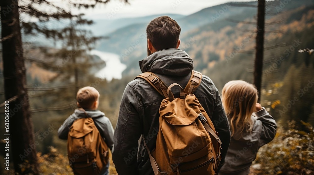 A father and kids hiking through a scenic forest
A father and kids hiking through a scenic forest