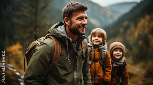 A father and kids hiking through a scenic forest 
