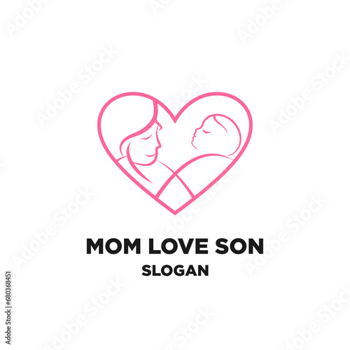 Happy Mother day card. Continuous one line drawing. Woman hold her baby inside heart. Vector illustration