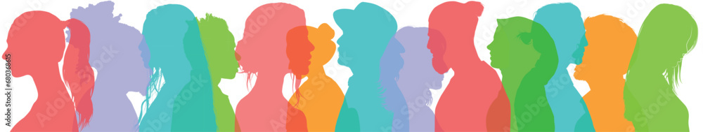 A group of diverse multicultural and multiethnic people silhouette. Social network group and community of men and women. Multicolor male and female from the side on an isolated white background.