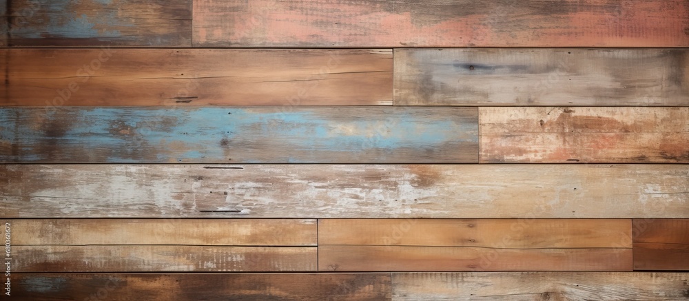 Fototapeta premium The old wooden wall showcased a vintage, retro design, where abstract textures and natural colors blended seamlessly, giving it a grunge and rustic feel.