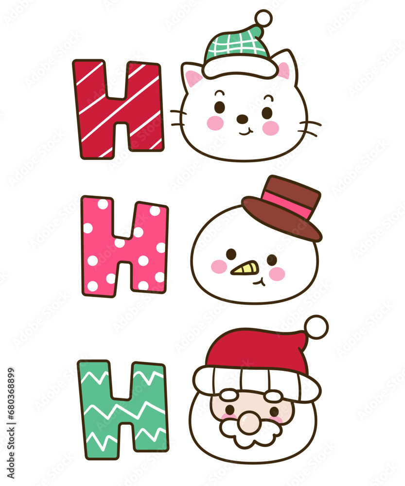 ho ho ho Christmas lettering cartoon with cat snowman and santa claus happy new year ho ho ho Christmas lettering cartoon with cat snowman and santa claus happy new year