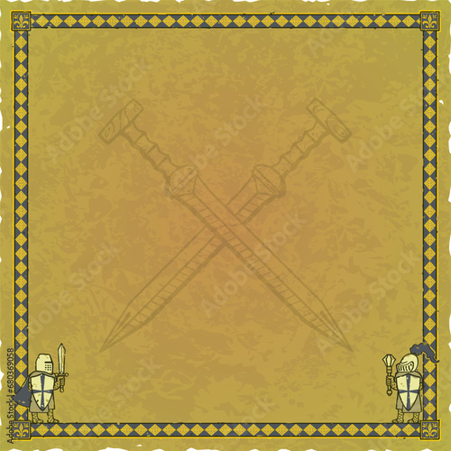 Green Parchment with Medieval Knights, Ornate Frame, Crossed Gladiuses
