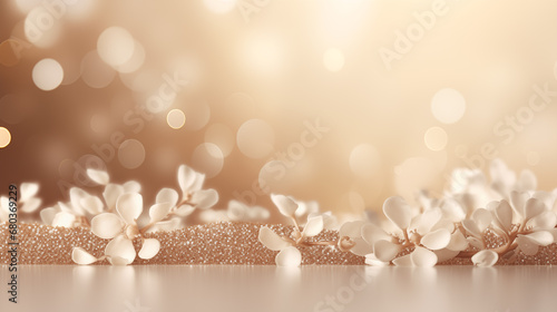 beige product stand advertising luxury presentation flower sakura. Abstract bokeh background sparkling light simple soft. generative ai.