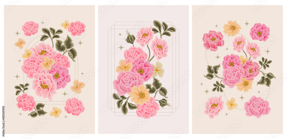 Vintage spring flower poster, card, postcard illustration set with pink rose, peony, daisy, floral bud, wildflowers, and green leaf branch elements
