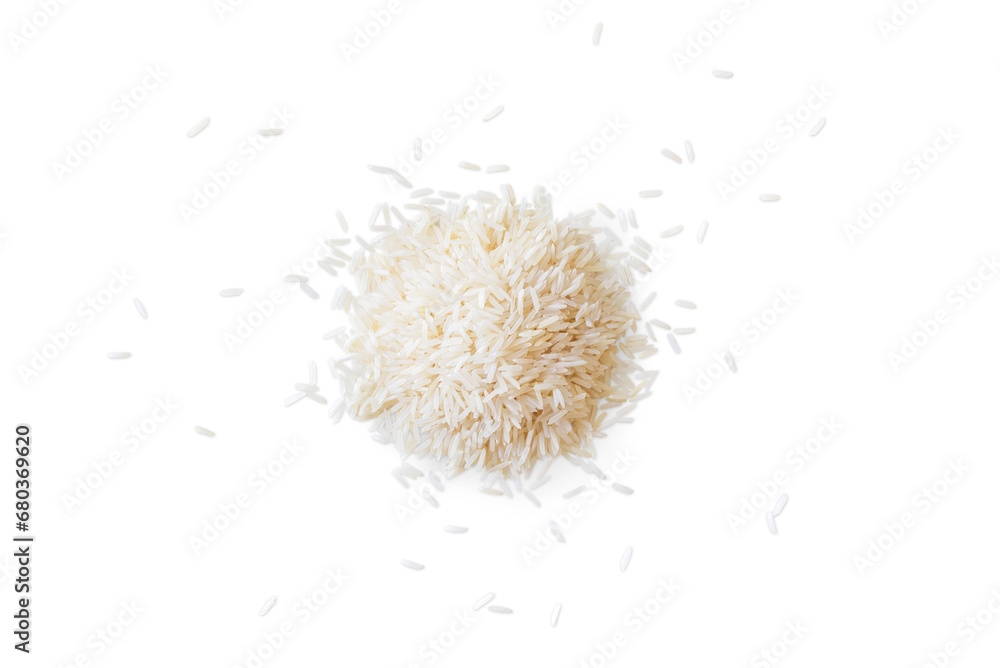 Closeup of a pile of organic basmati rice isolated on a transparent background with shadows from above, top view - obrazy, fototapety, plakaty 