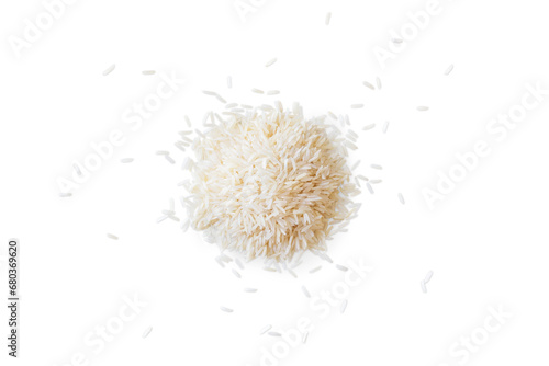 Closeup of a pile of organic basmati rice isolated on a transparent background with shadows from above, top view