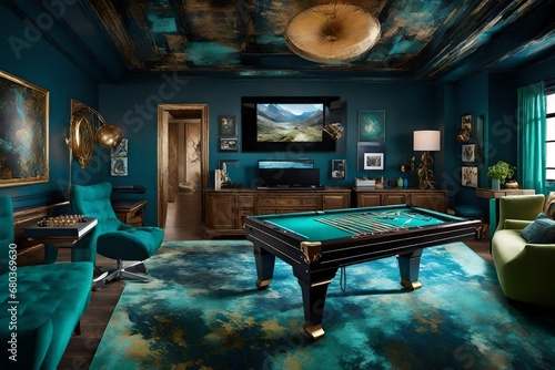 Construct a gaming room where Indigo, gold, and SEAFOAM colors dance harmoniously, capturing the eye in every corner.