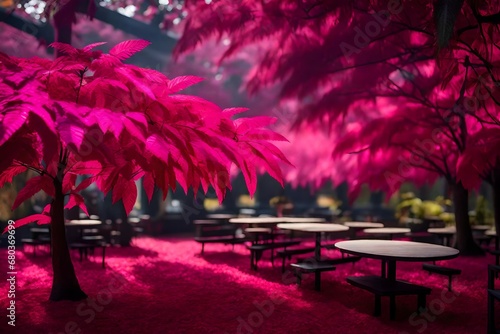 A 3D forest with trees adorned in AMARANTH PINK and RUBINE RED leaves, set against a backdrop of CAFE NOIR. It looks like it was photographed with an HD camera.