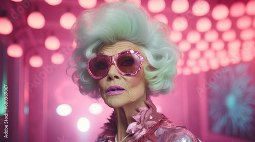 Fashion retro futuristic Senior woman in surrealistic 60s-70s disco club culture life style