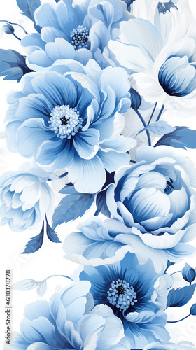 Flowers on a white, dusty blue peonies, floral pattern, greeting card template