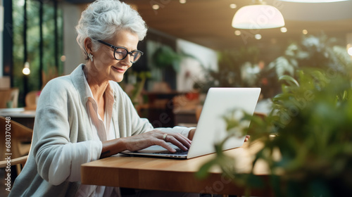 Senior gray haired Woman sitting in cafe and typing laptop. Working online concept. photo