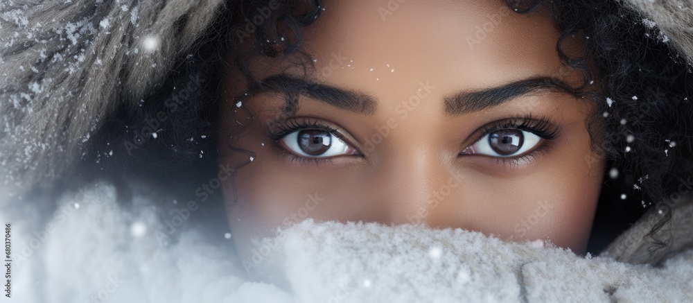 The portrait of a young African woman with black hair in a winter background shows her isolated from the crowd of people, her hands on her face, reflecting a question in her eyes.