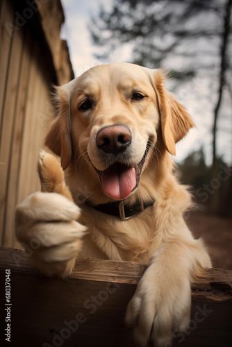golden retriever labrador dog doing thumbs up sign outside in backyard photo