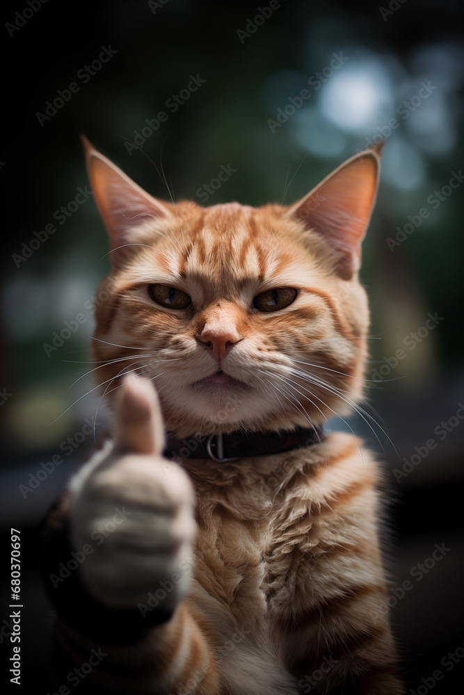 ginger cat doing thumbs up sign outside