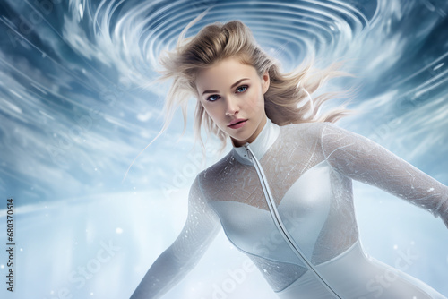 portrait of An elegant ice skater glides effortlessly across the frozen surface of a rink photo