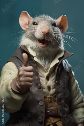 rat doing thumbs up sign grinning wearing vintage clothes isolated on teal studio background