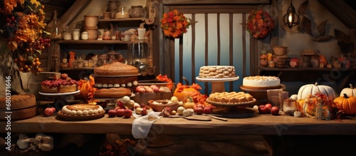 In the cozy bakery, a wooden table was adorned with autumn leaves as a spread of delectable desserts awaited, including fruit cake, pies, buns, and pastries made with fluffy dough and dusted with