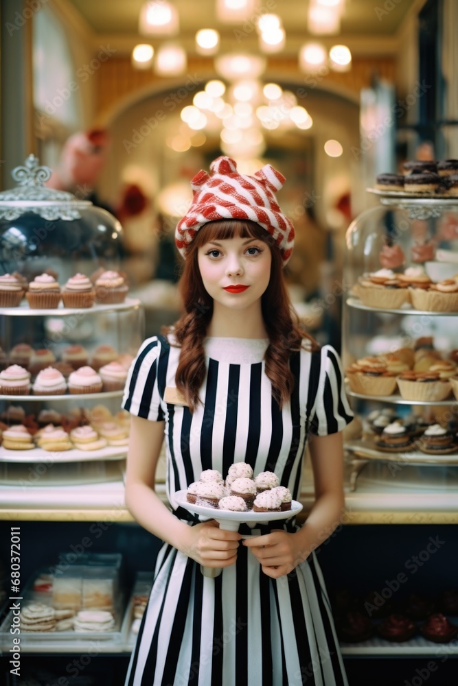 A woman in a striped dress holding a tray of cupcakes. Generative AI.