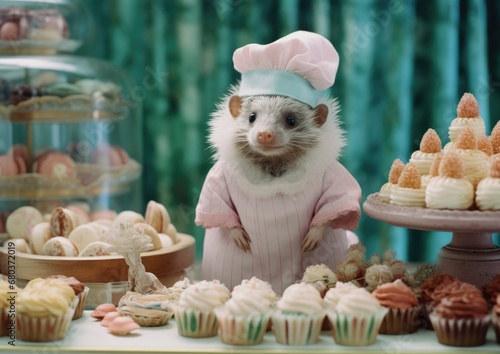 A small mouse wearing a chef hat stands in front of a table full of cupcakes. Generative AI. © serg3d