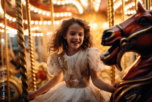 A little girl in a dress riding a carousel. Generative AI.
