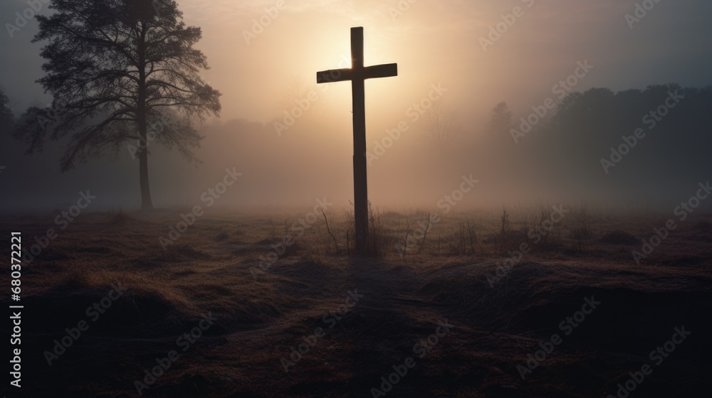 Naklejka premium A cross stands in the middle of a foggy field. Generative AI.