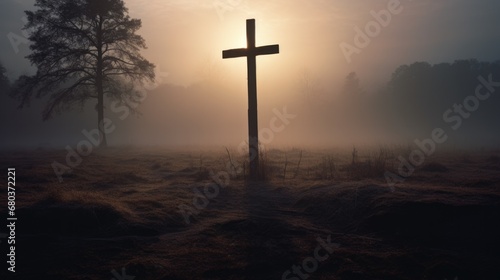 A cross stands in the middle of a foggy field. Generative AI.