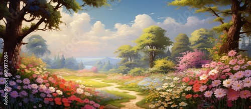 blossoming garden filled with vibrant flowers and lush green grass, the sun bathes Natures canvas, painting a picturesque scene of blue skies and cascading leaves, capturing the essence of summer in a