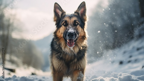 A german shepherd dog in snow, Photography, film, sony, portra, camera zoomed out, full length body visible © LaxmiOwl