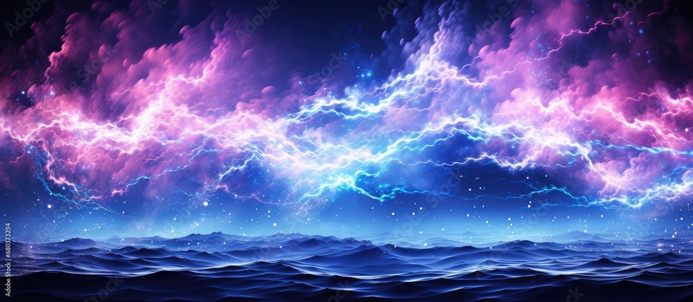 Fototapeta premium In the abstract world of water, technology and light merge to stimulate the brain, as a vibrant line dances effortlessly between black, blue, and an array of colors; where energy meets neon and