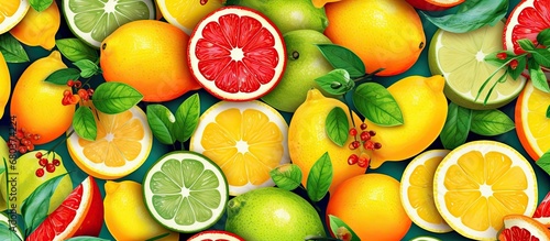 background of a sunny summer day  surrounded by the beauty of nature  a vibrant design of colorful fruits  including lemon  takes center stage  symbolizing the perfect blend of agriculture and health