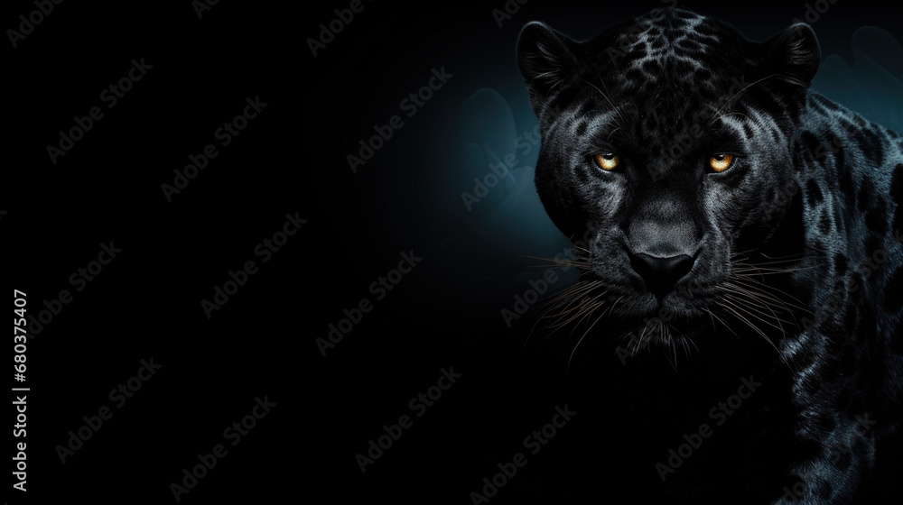 Front view of Panther on black background. Wild animals banner with copy space