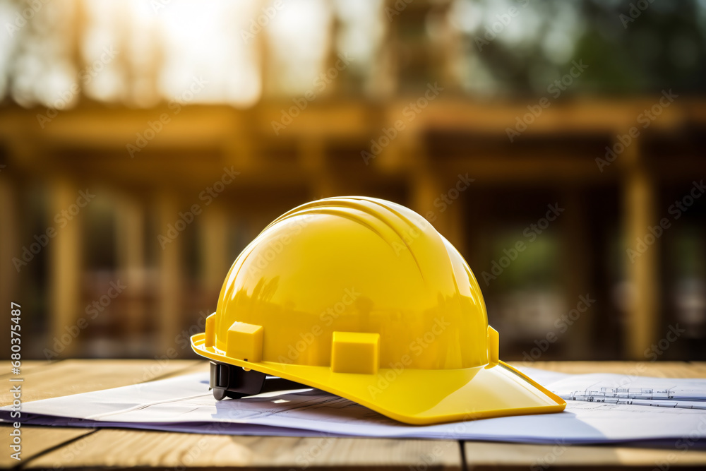 Yellow hard hat safty helmet and blueprint on a desk at construction site, engineering and construction industry concept. Yellow hard hat safty helmet and blueprint on a desk at construction site, engineering and construction industry concept.