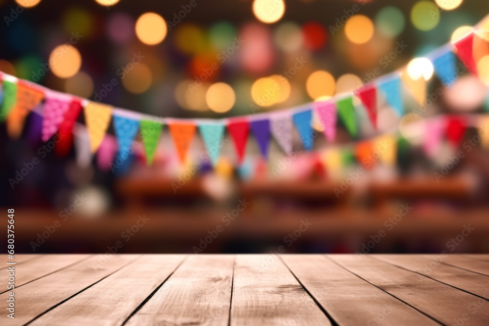 Empty wooden board for product displaying with festive decorative flags, colorful buntings and wood backdrop, festival background. - obrazy, fototapety, plakaty 