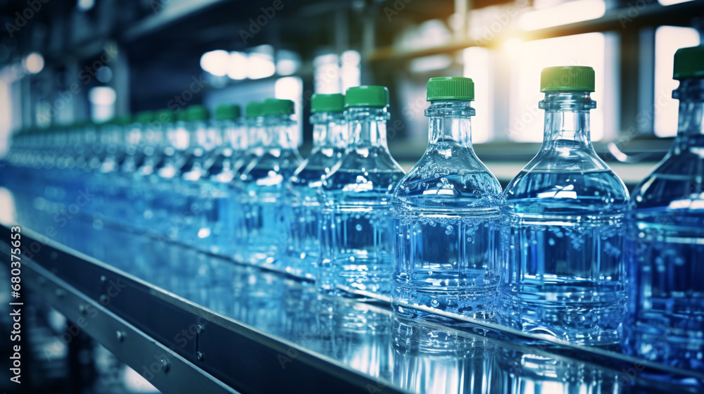 Drinking water production line in factory, a row of drinking water in plastic bottles in close up shot. Drinking water production line in factory, a row of drinking water in plastic bottles in close up shot.