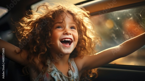 Happy children stretches her arms while sticking out car window. Generative AI.