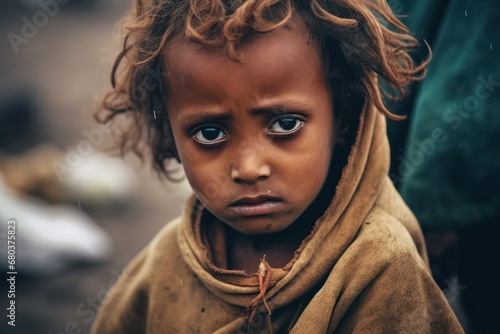 Close-up of poor starving orphan kid Ethiopia slum boy in refugee clothes and eyes full of pain.