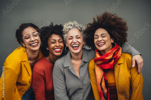A group of women smiling on a grungy background, cultural representations, gray, amber, grandparentcore, vibrant colorism, immaculate perfectionism, vibrant energy.