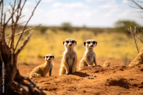Meerkat family watchful and look curiously in the desert grassland, midday. photo
