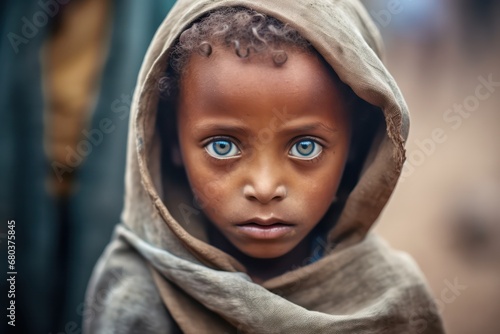 Close-up of poor starving orphan kid Ethiopia slum boy in refugee clothes and eyes full of pain.