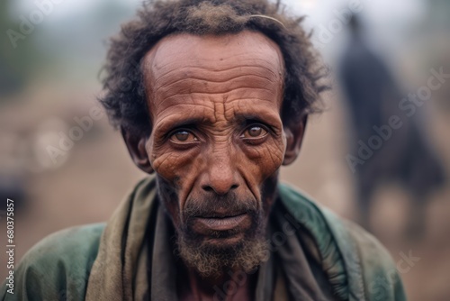 Hungry starving poor little man looking at the camera in Ethiopia.