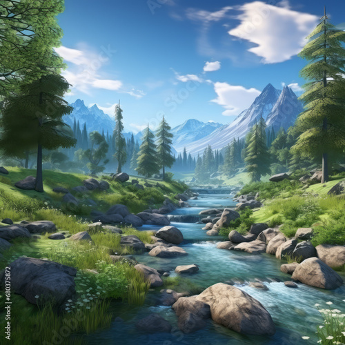 A large stream with lots of trees, vibrant fantasy landscapes, vray, realistic blue skies, serene and peaceful ambiance, mountainous vistas, realistic details, tranquil. © Duka Mer
