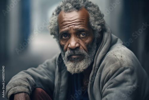 Closeup homeless poor black man crying poverty, hunger, retirement.