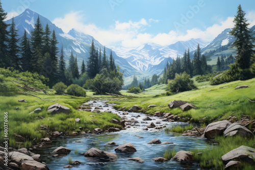 The stream is flowing in fantasy landscapes with realistic blue skies, realistic usage of light and color, and a dreamy atmosphere. © Duka Mer