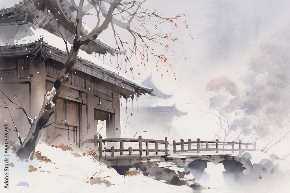 Fototapeta Winter Spring Festival Jiangnan rural ink landscape, winter rural snow scene concept illustration