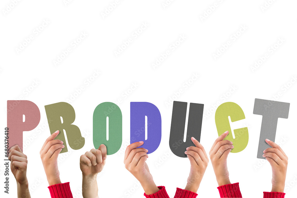 Fototapeta premium Digital png illustration of hands with product text on transparent background