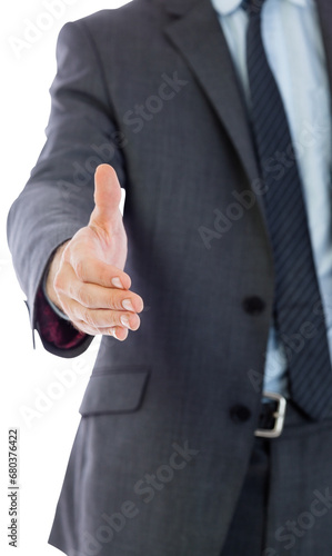 Digital png photo of caucasian businessman with outstretched hand on transparent background